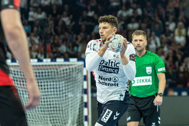Marko Grgic SG Flensburg Handewitt controls the ball during the handball semi final of the Winamax EHF Finals 2026 between MT Melsungen and SG Flensburg Handewitt at Barclays Arena on May 30, 2026 in Hamburg, Germany