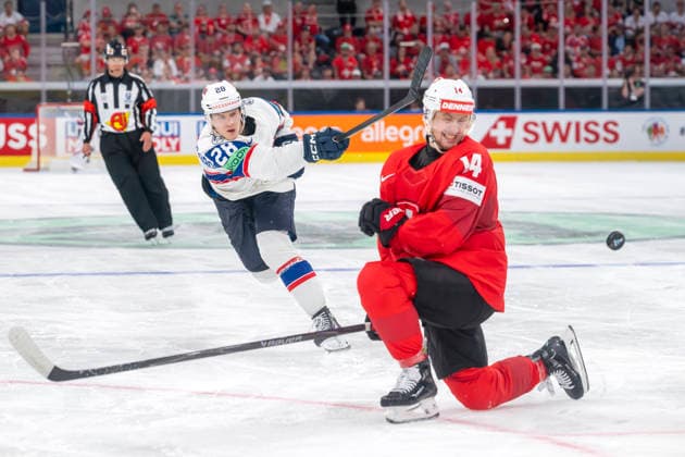 BRANDSEGG NYGARD Michael, NOR, , re Dean Kukan, SUI, Switzerland Norway, semi-final, Ice Hockey World Championship, Zurich 30 05 2026