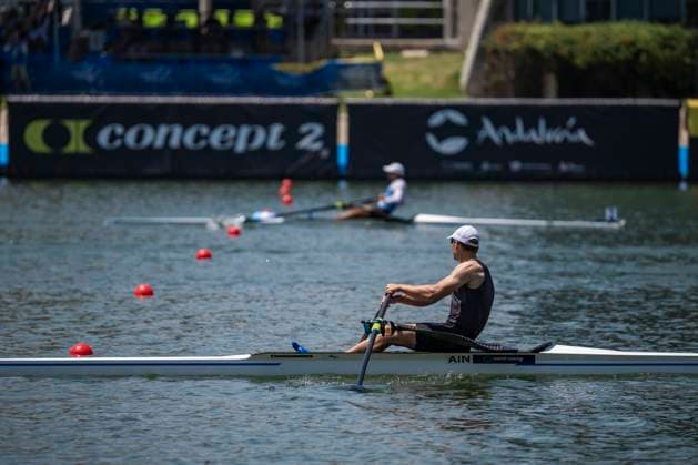 Seville, Spain. 30 May 2026. Rower Mikita Karneyeu (Individual Neutral Athletes) looking at Santino Menin (Argentina) before crossing the finish line during the LM1x Lightweight Men s Single Sculls Final A Race at the World Rowing Cup 1 2026 at CEAR La Cartuja. Copyright: xDavidxSarmientox xVWPicsx DSG-0865