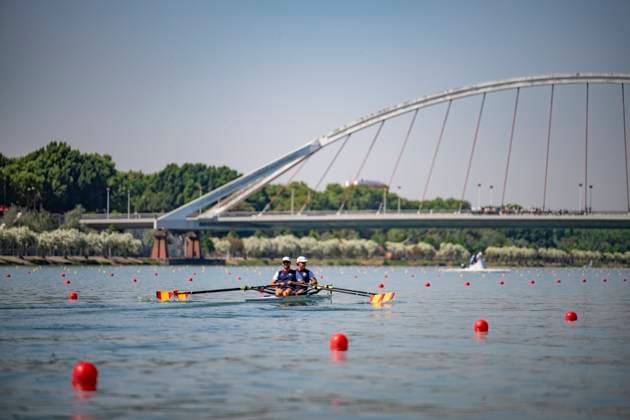 Seville, Spain. 30 May 2026. Rowers Caetano Xose HORTA POMBO and Rodrigo CONDE ROMERO (Spain) with a view of a bridge ahead of the M2x Men s Double Sculls Semifinal 2 Race at the World Rowing Cup 1 2026 at CEAR La Cartuja. Copyright: xDavidxSarmientox xVWPicsx DSG-0853