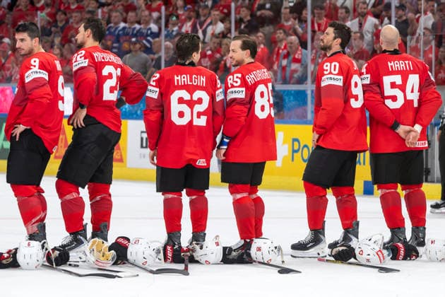 From left to right Damien Riat, Nino Niederreiter, Denis Malgin, Sven Andrighetto, Roman Josi, Christian Marti, SUI, Switzerland Norway, semi-final, Ice Hockey World Championship, Zurich 30 05 2026