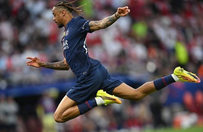 Hungary Soccer Champions League PSG - Arsenal 9177336 30.05.2026 Paris Saint-Germain s Bradley Barcola jumps during the UEFA Champions League final soccer match between Paris Saint-Germain (PSG) and Arsenal at Puskas Arena in Budapest, Hungary. Alexey Filippov Sputnik Budapest Hungary  Copyright: xAlexeyxFilippovx