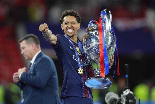 UEFA Champions League Final 2026 - Paris Saint Germain v Arsenal BUDAPEST, HUNGARY, MAY 30: Marquinhos of Paris Saint-Germain punches the air in delight whilst holding the UEFA Champions League Trophy in celebration after winning the UEFA Champions League Final 2026 during the UEFA Champions League Final 2026 match between Paris Saint Germain v Arsenal at Puskas Arena, Budapest, Hungary, on 30 May. (Photo by Daniel Weir) Budapest Puskas Arena Hungary Copyright: xDanielxWeir SportsxPressxPhotox Sportspressphoto_SPR157604