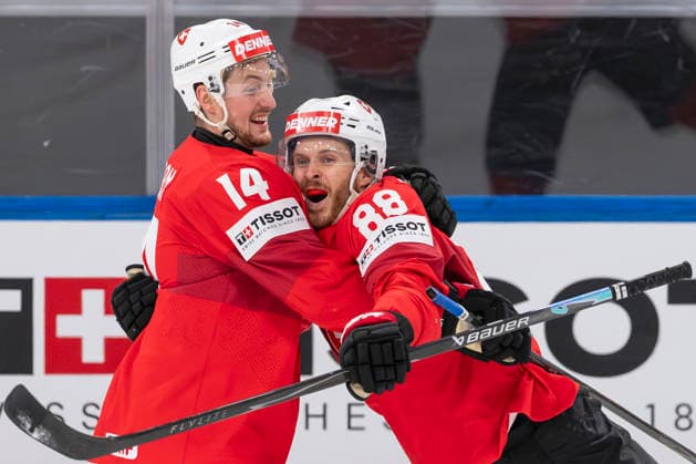 Dean Kukan, re Christoph Bertschy, SUI, cheering at 1 0, Switzerland Norway, semi-final, Ice Hockey World Championship, Zurich 30 05 2026