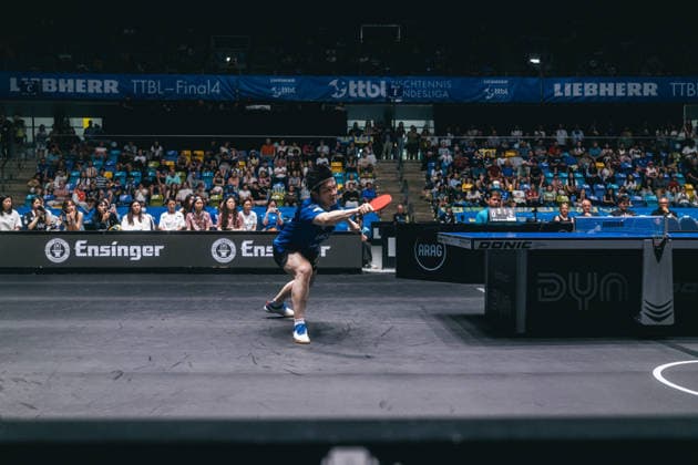 30 05 2026 Table tennis, men, TTBL, Bundesliga, playoff, Final Four, 1 FC Saarbrücken, Borussia Düsseldorf, TTC Schwalbe Bergneustadt, SV Werder Bremen, semi-final Fan Zhendong Saarbrücken Frankfurt am Main, Süwag Energi Hessen Germany P1103148-2