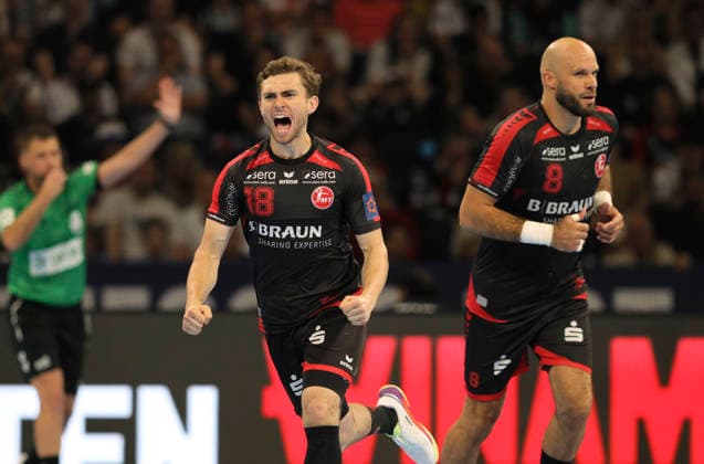 photo Florian DROSTEN Melsungen and on the right Adrian SIPOS Handball Men on Sat 30 05 2026 Mens EHF European League , Final Four in Hamburg SG Flensburg Melsungen, Semifinal