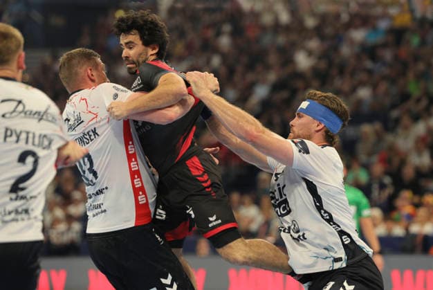 photo Erik BALENCIAGA Melsungen against Blaz Blagotinsek left and Johannes Golla right , both Flensburg Handball Men on Sat 30 05 2026 Mens EHF European League , Final Four in Hamburg SG Flensburg Melsungen, Semifinal