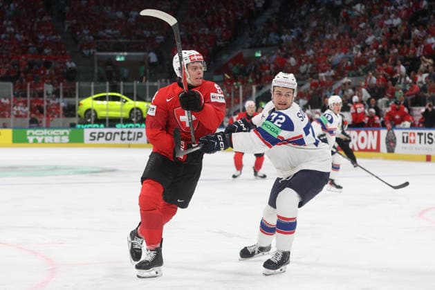 30 05 2026 Swiss Life Arena Zurich , SWITZERLAND, Mens Ice Hockey IIHF World Championship Zurich 2026 Semifinal SUI NOR Attilio Biasca SUI vs Stian Solberg NOR