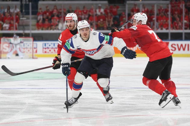 30 05 2026 Swiss Life Arena Zurich , SWITZERLAND, Mens Ice Hockey IIHF World Championship Zurich 2026 Semifinal SUI NOR Havard Ostrem Salsten NOR vs Dominik Egli SUI