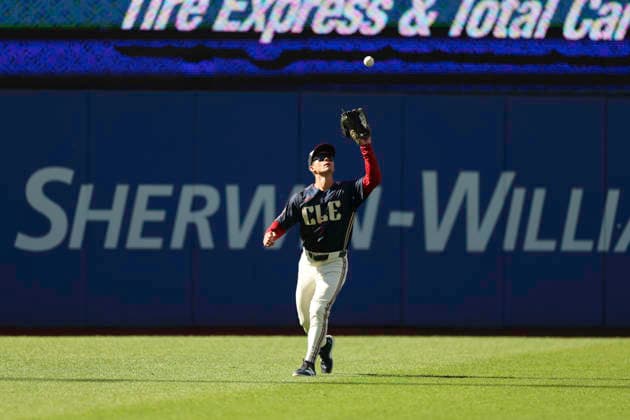 May 30, 2026: Cleveland Guardians left fielder Stuart Fairchild catches a fly ball during the fifth inning of the Major League Baseball game between the Boston Red Sox and Cleveland Guardians at Progressive Field in Cleveland, Ohio. CSM Cleveland United States of America - ZUMAc04_ 20260530_zma_c04_033 Copyright: xBrianxFisherx