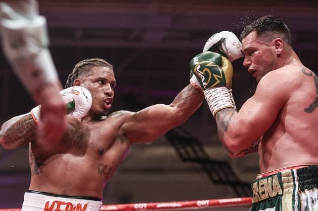 Belgian boxer Ryad Merhy pictured in action during the WBC world bridgerweight (super cruiserweight) championship boxing match between Belgian Merhy and South African Lerena, at the Charleroi boxing gala, Saturday 30 May 2026, in Charleroi. BRUNOxFAHY  x175506190x