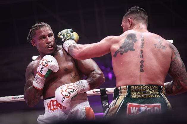 Belgian boxer Ryad Merhy pictured in action during the WBC world bridgerweight (super cruiserweight) championship boxing match between Belgian Merhy and South African Lerena, at the Charleroi boxing gala, Saturday 30 May 2026, in Charleroi. BRUNOxFAHY  x175506194x