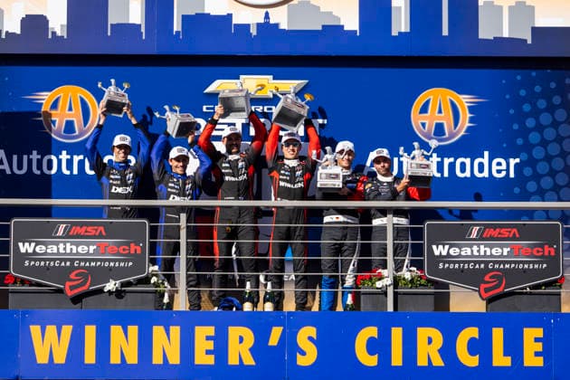 AUTO - IMSA - DETROIT SPORTS CAR CLASSIC 2026 Podium, 10 TAYLOR Ricky (usa), ALBUQUERQUE Filipe (prt), Cadillac Wayne Taylor Racing, Cadillac V-Series.R, 31 AITKEN Jack (gbr), BAMBER Earl (nzl), Cadillac Whelen, Cadillac V-Series.R, 25 ENG Philipp (aut), WITTMANN Marco (deu), BMW M Team WRT, BMW M Hybrid V8, portrait during the Chevrolet Detroit Sports Car Classic, 5th round of the 2026 2026 IMSA SportsCar Championship, on the Streets of Detroit, from May 29 to 31, 2026 in Detroit, Michigan, United States of America - DetroitUnited States Copyright: xJULIENxDELFOSSEx
