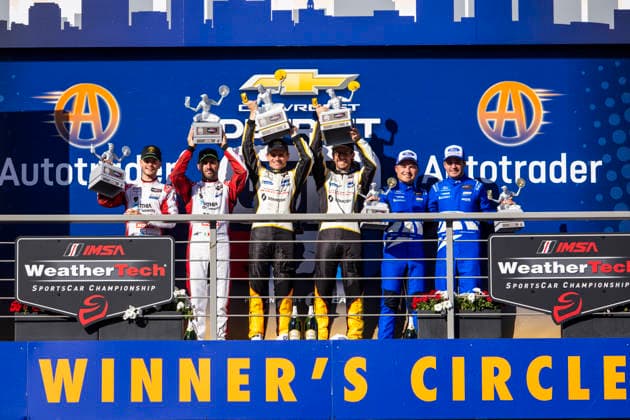 AUTO - IMSA - DETROIT SPORTS CAR CLASSIC 2026 Podium, 09 CALDARELLI Andrea (ita), MITCHELL Sandy (gbr), Pfaff Motorsports, Lamborghini Temerario GT3, 03 GARCIA Antonio (esp), SIMS Alexander (gbr), Corvette Racing by Pratt Miller Motorsports, Corvette Z06 GT3.R, 65 MIES Christopher (deu), VERVISCH Frederic (bel), Ford Racing, Ford Mustang GT3, portrait during the Chevrolet Detroit Sports Car Classic, 5th round of the 2026 2026 IMSA SportsCar Championship, on the Streets of Detroit, from May 29 to 31, 2026 in Detroit, Michigan, United States of America - DetroitUnited States Copyright: xJULIENxDELFOSSEx