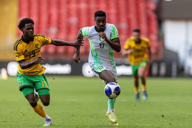 Jamaica v Nigeria, Unity Cup London 2026, Cup Final Nigeria forward Rafiu Durosinmi (17) battles for possession with Jamaica midfielder Kyle Ming (19) during the Unity Cup London 2026 match between Jamaica and Nigeria at The Valley, London, UK on 30 May 2026. London The Valley Greater London UK Editorial use only , Copyright: xManjitxNarotrax PSI-24353-0003