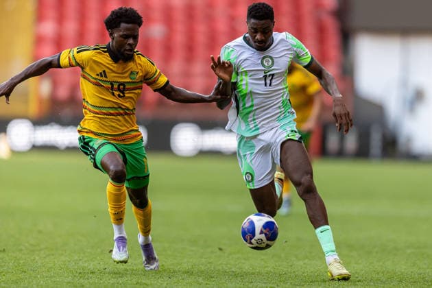 Jamaica v Nigeria, Unity Cup London 2026, Cup Final Nigeria forward Rafiu Durosinmi (17) battles for possession with Jamaica midfielder Kyle Ming (19) during the Unity Cup London 2026 match between Jamaica and Nigeria at The Valley, London, UK on 30 May 2026. London The Valley Greater London UK Editorial use only , Copyright: xManjitxNarotrax PSI-24353-0005