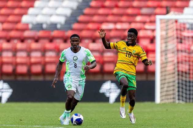 Jamaica v Nigeria, Unity Cup London 2026, Cup Final Nigeria midfielder Tochukwu Nnadi (8) battles for possession with Jamaica forward Kaheim Dixon (10) during the Unity Cup London 2026 match between Jamaica and Nigeria at The Valley, London, UK on 30 May 2026. London The Valley Greater London UK Editorial use only , Copyright: xManjitxNarotrax PSI-24353-0006