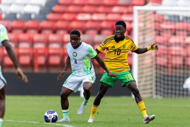 Jamaica v Nigeria, Unity Cup London 2026, Cup Final Nigeria midfielder Tochukwu Nnadi (8) battles for possession with Jamaica forward Kaheim Dixon (10) during the Unity Cup London 2026 match between Jamaica and Nigeria at The Valley, London, UK on 30 May 2026. London The Valley Greater London UK Editorial use only , Copyright: xManjitxNarotrax PSI-24353-0007