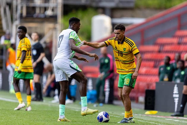 Jamaica v Nigeria, Unity Cup London 2026, Cup Final Jamaica midfielder Brandon Cover (18) holds Nigeria forward Rafiu Durosinmi (17) shirt during the Unity Cup London 2026 match between Jamaica and Nigeria at The Valley, London, UK on 30 May 2026. London The Valley Greater London UK Editorial use only , Copyright: xManjitxNarotrax PSI-24353-0015