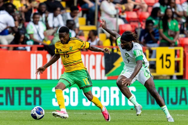 Jamaica v Nigeria, Unity Cup London 2026, Cup Final Jamaica defender Odin Samuels-Smith (15) battles for possession with Nigeria forward Terem Moffi (9) during the Unity Cup London 2026 match between Jamaica and Nigeria at The Valley, London, UK on 30 May 2026. London The Valley Greater London UK Editorial use only , Copyright: xManjitxNarotrax PSI-24353-0017