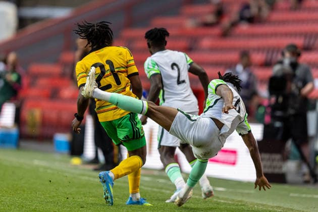 Jamaica v Nigeria, Unity Cup London 2026, Cup Final Jamaica forward Dajaune Brown (21) bundles over Nigeria defender Chibuike Nwaiwu during the Unity Cup London 2026 match between Jamaica and Nigeria at The Valley, London, UK on 30 May 2026. London The Valley Greater London UK Editorial use only , Copyright: xManjitxNarotrax PSI-24353-0024