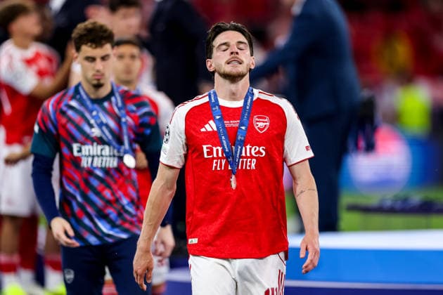BUDAPEST, HUNGARY - MAY 30: Declan Rice of Arsenal looks dejected after the UEFA Champions League 2026 Final between Paris Saint-Germain and Arsenal FC at Puskas Arena on May 30, 2026 in Budapest, Hungary.  Copyright: xRenexNijhuis MBxMediax