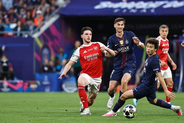 (L-R) Declan Rice (Arsenal), Fabian Ruiz (PSG), MAY 30, 2026 - Football Soccer : UEFA Champions League final match between Paris Saint-Germain - Arsenal FC at the Puskas Arena in Budapest, Hungary. Noxthirdxpartyxsales  aflo_332570410