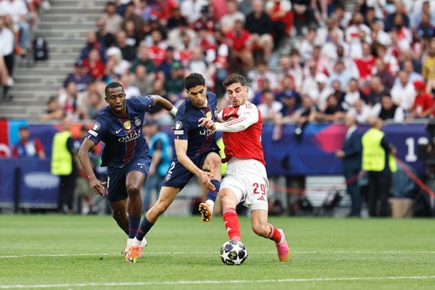 (L-R) Willian Pacho, Achraf Hakimi (PSG), Kai Havertz (Arsenal), MAY 30, 2026 - Football Soccer : UEFA Champions League final match between Paris Saint-Germain - Arsenal FC at the Puskas Arena in Budapest, Hungary. Noxthirdxpartyxsales  aflo_332570232
