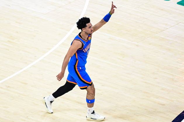 NBA, Basketball Herren, USA West Conference Finals Game 7 - San Antonio Spurs at Oklahoma City Thunder Oklahoma City Thunder guard Jared McCain gestures during game 7 of the NBA West Conference Finals between Oklahoma City Thunder and San Antonio Spurs in Oklahoma City, Oklahoma, USA, 30 May 2026. Oklahoma City United States  Copyright: xGERALDxLEONGx