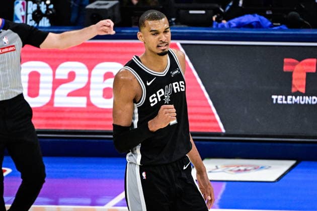 NBA, Basketball Herren, USA West Conference Finals Game 7 - San Antonio Spurs at Oklahoma City Thunder San Antonio Spurs forward center Victor Wembanyama celebrates during game 7 of the NBA West Conference Finals between Oklahoma City Thunder and San Antonio Spurs in Oklahoma City, Oklahoma, USA, 30 May 2026. Oklahoma City United States  Copyright: xGERALDxLEONGx