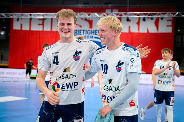 Bietigheim HBL 25 26 SG BBM Bietigheim VfL Potsdam William Reichardt Potsdam , Tim Hildenbrand Potsdam Bietigheim Bissingen Egetrans Arena Baden Württemberg Germany