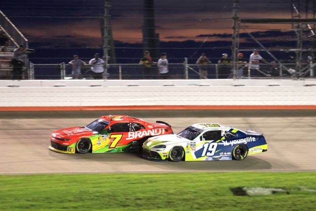 NASHVILLE, TN - MAY 30: Justin Allgaier ( 7 JR Motorsports BRANDT Precision Build Trademark Fertilizer Chevrolet) races with Brent Crews ( 19 Joe Gibbs Racing YoungLife Toyota) during the NASCAR, Motorsport, USA O Reilly Auto Parts Sports Illustrated Resorts 250 on May 30, 2026 at Nashville Superspeedway in Lebanon, TN. (Photo by Jeff Robinson Icon Sportswire) AUTO: MAY 30 NASCAR O’Reilly Auto Parts Series Sports Illustrated Resorts 250 EDITORIAL USE ONLY Icon26053016722250
