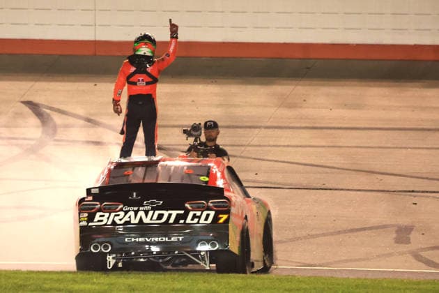 NASHVILLE, TN - MAY 30: Justin Allgaier ( 7 JR Motorsports BRANDT Precision Build Trademark Fertilizer Chevrolet) celebrates after winning the NASCAR, Motorsport, USA O Reilly Auto Parts Sports Illustrated Resorts 250 on May 30, 2026 at Nashville Superspeedway in Lebanon, TN. (Photo by Jeff Robinson Icon Sportswire) AUTO: MAY 30 NASCAR O™Reilly Auto Parts Series Sports Illustrated Resorts 250 EDITORIAL USE ONLY Icon26053017110250