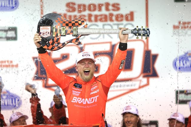 NASHVILLE, TN - MAY 30: Justin Allgaier ( 7 JR Motorsports BRANDT Precision Build Trademark Fertilizer Chevrolet) celebrates after winning the NASCAR, Motorsport, USA O Reilly Auto Parts Sports Illustrated Resorts 250 on May 30, 2026 at Nashville Superspeedway in Lebanon, TN. (Photo by Jeff Robinson Icon Sportswire) AUTO: MAY 30 NASCAR O™Reilly Auto Parts Series Sports Illustrated Resorts 250 EDITORIAL USE ONLY Icon26053017259250