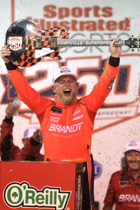 NASHVILLE, TN - MAY 30: Justin Allgaier ( 7 JR Motorsports BRANDT Precision Build Trademark Fertilizer Chevrolet) celebrates after winning the NASCAR, Motorsport, USA O Reilly Auto Parts Sports Illustrated Resorts 250 on May 30, 2026 at Nashville Superspeedway in Lebanon, TN. (Photo by Jeff Robinson Icon Sportswire) AUTO: MAY 30 NASCAR O™Reilly Auto Parts Series Sports Illustrated Resorts 250 EDITORIAL USE ONLY Icon26053017270250