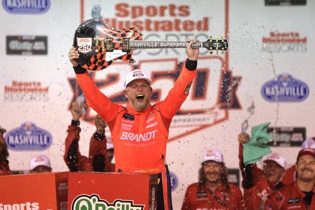 NASHVILLE, TN - MAY 30: Justin Allgaier ( 7 JR Motorsports BRANDT Precision Build Trademark Fertilizer Chevrolet) celebrates after winning the NASCAR, Motorsport, USA O Reilly Auto Parts Sports Illustrated Resorts 250 on May 30, 2026 at Nashville Superspeedway in Lebanon, TN. (Photo by Jeff Robinson Icon Sportswire) AUTO: MAY 30 NASCAR O™Reilly Auto Parts Series Sports Illustrated Resorts 250 EDITORIAL USE ONLY Icon26053017271250