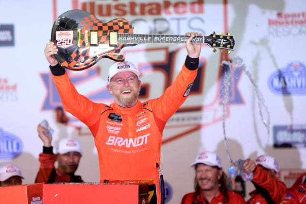 NASHVILLE, TN - MAY 30: Justin Allgaier ( 7 JR Motorsports BRANDT Precision Build Trademark Fertilizer Chevrolet) celebrates after winning the NASCAR, Motorsport, USA O Reilly Auto Parts Sports Illustrated Resorts 250 on May 30, 2026 at Nashville Superspeedway in Lebanon, TN. (Photo by Jeff Robinson Icon Sportswire) AUTO: MAY 30 NASCAR O™Reilly Auto Parts Series Sports Illustrated Resorts 250 EDITORIAL USE ONLY Icon26053017293250
