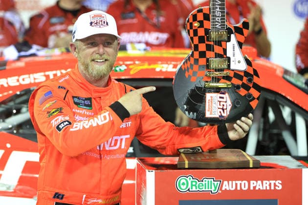 NASHVILLE, TN - MAY 30: Justin Allgaier ( 7 JR Motorsports BRANDT Precision Build Trademark Fertilizer Chevrolet) celebrates after winning the NASCAR, Motorsport, USA O Reilly Auto Parts Sports Illustrated Resorts 250 on May 30, 2026 at Nashville Superspeedway in Lebanon, TN. (Photo by Jeff Robinson Icon Sportswire) AUTO: MAY 30 NASCAR O™Reilly Auto Parts Series Sports Illustrated Resorts 250 EDITORIAL USE ONLY Icon26053017367250
