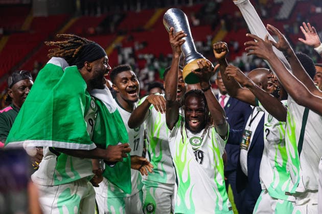 Jamaica v Nigeria, Unity Cup London 2026, Cup Final Nigeria midfielder Ayobami Junior (19) lifts the Unity Cup Trophy after the Unity Cup London 2026 Final match between Jamaica and Nigeria at The Valley, London, UK on 30 May 2026. London The Valley Greater London UK Editorial use only , Copyright: xToyinxOshodix PSI-24348-0089