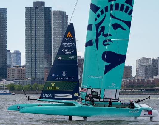 RECORD DATE NOT STATED Mubadala New York SailGP Kicks Off as Spain Takes Early Lead on Opening Day (SPO) Mubadala New York SailGP Kicks Off as Spain Takes Early Lead on Opening Day. May 30,2026, Governors Island, New York, USA: Team USA races across the Hudson River during the opening day of the Mubadala New York Sail Grand Prix on Saturday. Credit: Jorge Estrellado Thenews2(Foto: Jorge Estrellado Thenews2 imago images) SPO  Copyright: xJorgexEstrelladox