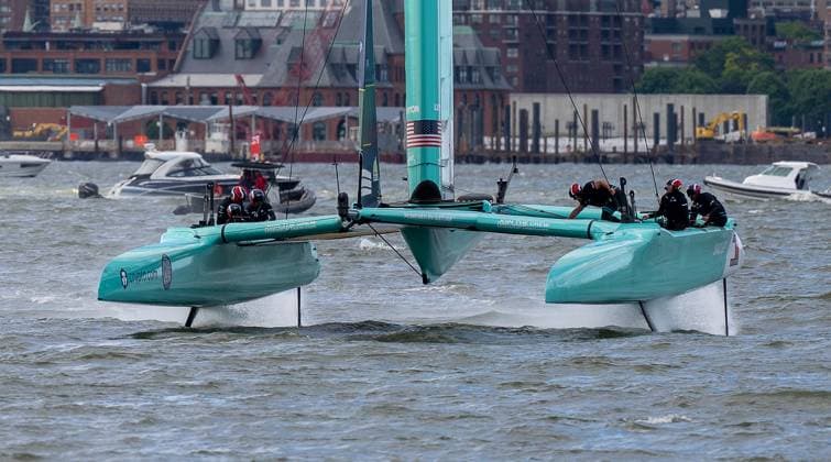 RECORD DATE NOT STATED Mubadala New York SailGP Kicks Off as Spain Takes Early Lead on Opening Day (SPO) Mubadala New York SailGP Kicks Off as Spain Takes Early Lead on Opening Day. May 30,2026, Governors Island, New York, USA: Team USA races across the Hudson River during the opening day of the Mubadala New York Sail Grand Prix on Saturday. Credit: Jorge Estrellado Thenews2(Foto: Jorge Estrellado Thenews2 imago images) SPO  Copyright: xJorgexEstrelladox