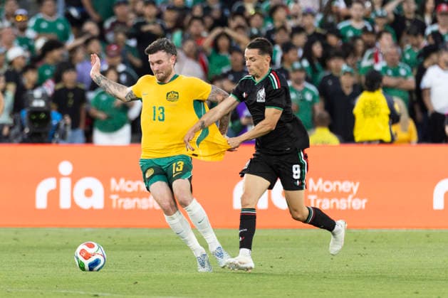 May 30, 2026, Pasadena, California, USA: Australia s Aiden O Neill (13) and Mexico s Alvaro Fidalgo (8) vie for the ball during a MexTour Sendoff Match at Rose Bowl on Saturday, May 30, 2026 in Pasadena, Calif. MexTour Sendoff Match: Mexico Vs Australia  - ZUMAc68_ 20260530_zaf_c68_013 Copyright: xRingoxChiux