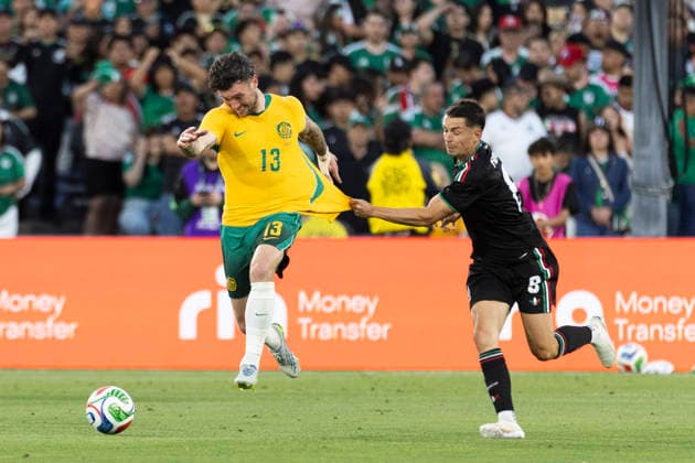 May 30, 2026, Pasadena, California, USA: Australia s Aiden O Neill (13) and Mexico s Alvaro Fidalgo (8) vie for the ball during a MexTour Sendoff Match at Rose Bowl on Saturday, May 30, 2026 in Pasadena, Calif. MexTour Sendoff Match: Mexico Vs Australia  - ZUMAc68_ 20260530_zaf_c68_014 Copyright: xRingoxChiux