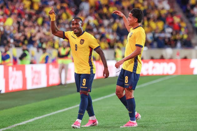 HARRISON, NJ - MAY 30: John Yeboah 9 of Ecuador and Anthony Valencia 8 of Ecuador celebrate a goal deflected by Jackson Porozo 25 of Ecuador (not pictured) during a game between the Ecuador and Saudi Arabia in a game prior to the World Cup at Sports Illustrated Stadium on May 30, 2026 in Harrison, New Jersey. (Photo by Andrew Mordzynski Icon Sportswire) SOCCER: MAY 30 Ecuador vs Saudi Arabia EDITORIAL USE ONLY Icon2605307914271