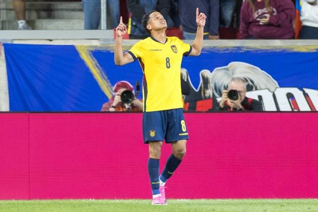 Ecuador and Saudi Arabia in an International Friendly, Länderspiel, Nationalmannschaft match in the United States. Anthony Valencia player of Ecuador celebrate your goal during the match between Ecuador and Saudi Arabia in an international friendly at Sports Illustrated Stadium in the city of Harrison, New Jersey, United States, on Saturday, May 30, 2026. HARRISON Sports Illustrated Stadium NJ UNITED STATES Copyright: xWilliamxVolcovx