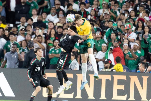 May 30, 2026, Pasadena, California, USA: MexicoÃ¢â‚¬â ¢s Alexis Vega (10) and Australia s Harry Souttar (19) vie for the ball during a MexTour Sendoff Match at Rose Bowl on Saturday, May 30, 2026 in Pasadena, Calif. MexTour Sendoff Match: Mexico 1:0 Australia  - ZUMAc68_ 20260530_zaf_c68_035 Copyright: xRingoxChiux