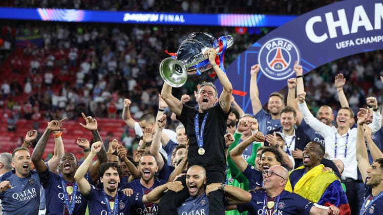 Paris Saint-Germain v Arsenal, Champions League, Final Paris Saint-Germain players celebrated as Paris Saint-Germain Manager Luis Enrique Lifts the UEFA Champions League Trophy aloft during the Champions League Final match between Paris Saint-Germain and Arsenal at Puskas Arena Park, Budapest, Hungary on 30 May 2026. Budapest Puskas Arena Park Hungary Editorial use only , Copyright: xChrisxFoxwellx PSI-24308-0142