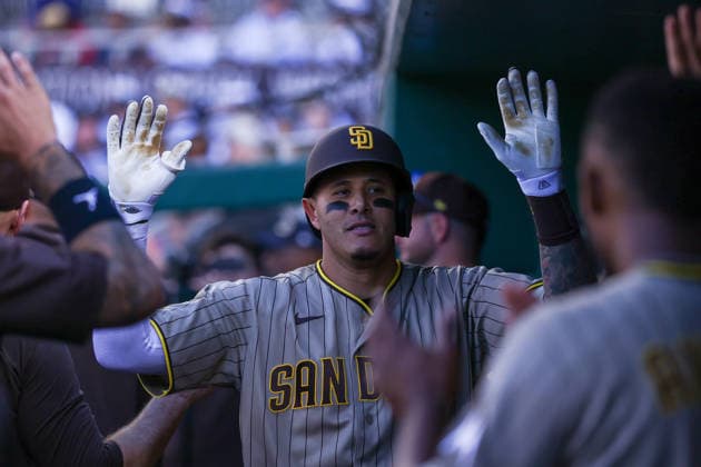 May 30, 2026, Washington D.C, District Of Columbia, United States: Washington, DC; San Diego Padres third baseman Manny MacHado (13) high fives teammates after hitting a home run during the Major League Baseball game between the Washington Nationals and the San Diego Padres at Nationals Park on Saturday, May 30, 2026. The Nationals beat the Padres 9-4. Washington D.C United States - ZUMAp258 20260530_znp_p258_002 Copyright: xStevexPrakopex