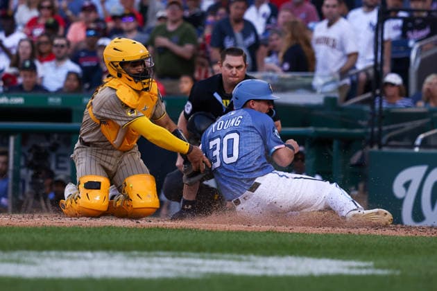 May 30, 2026, Washington D.C, District Of Columbia, United States: Washington, DC; Washington Nationals center fielder Jacob Young (30) is tagged out at home by San Diego Padres catcher Rodolfo DuroÂ¡n (48) during the Major League Baseball game between the Washington Nationals and the San Diego Padres at Nationals Park on Saturday, May 30, 2026. The Nationals beat the Padres 9-4. Washington D.C United States - ZUMAp258 20260530_znp_p258_004 Copyright: xStevexPrakopex