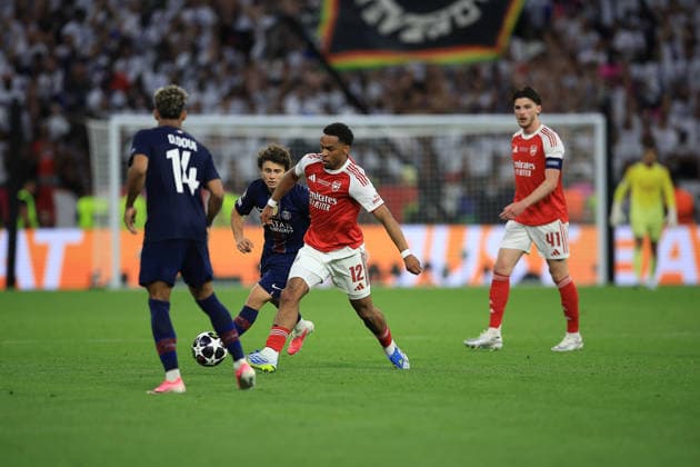 Paris Saint-Germain v Arsenal, Champions League, Final Arsenal Defender Jurrien Timber (12) under Pressure from Paris Saint-Germain Midfielder Joao Neves (87) during the Champions League Final match between Paris Saint-Germain and Arsenal at Puskas Arena Park, Budapest, Hungary on 30 May 2026. Budapest Puskas Arena Park Hungary Editorial use only , Copyright: xChrisxFoxwellx PSI-24308-0378